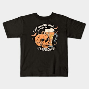 Funny Halloween Skull And Bear Eat Drink Scary It's Halloween Kids T-Shirt